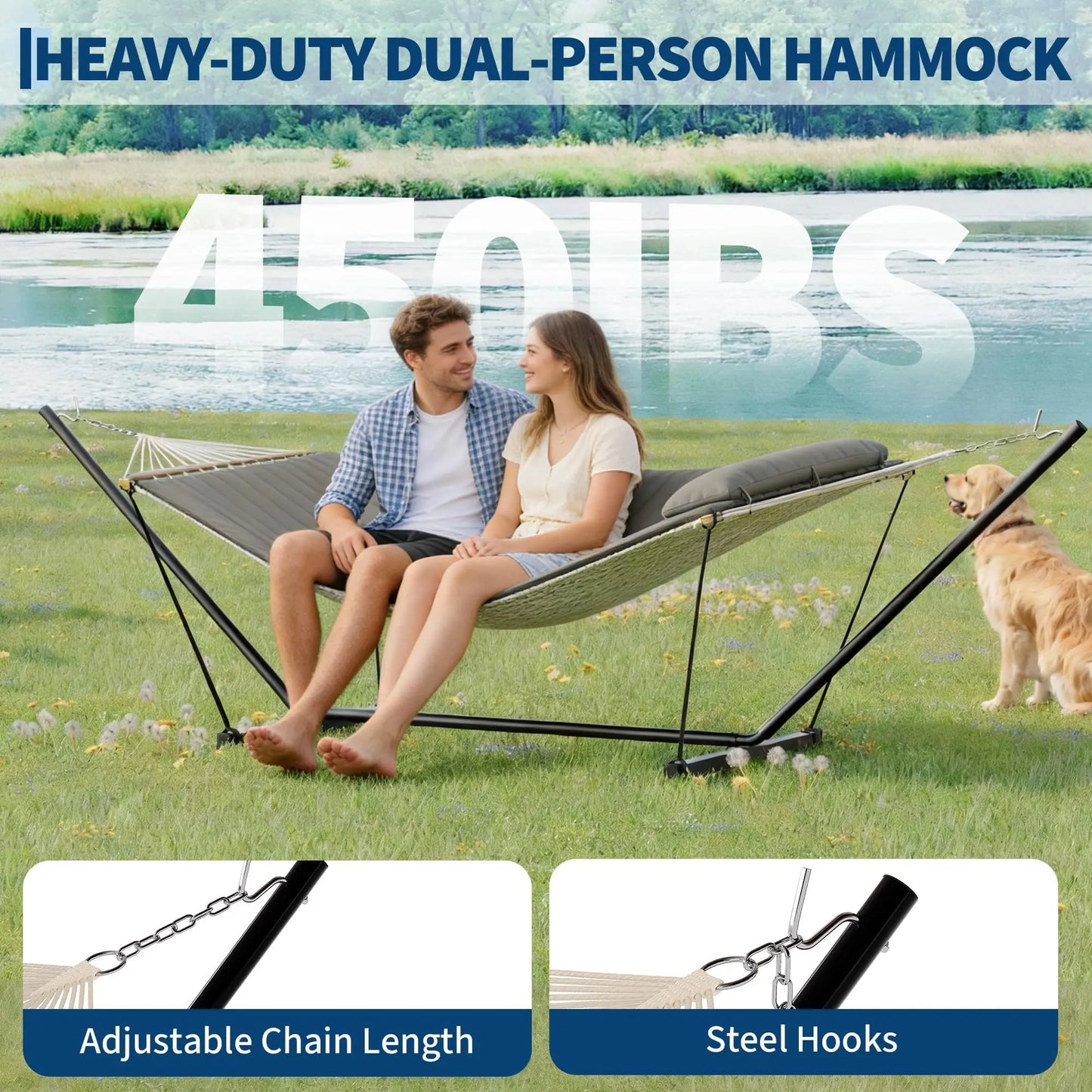 Portable Double Hammock With Stand, 2 Person Heavy Duty Hammock For Outdoor With Pillow & Adjustable Steel Stand For Garden
