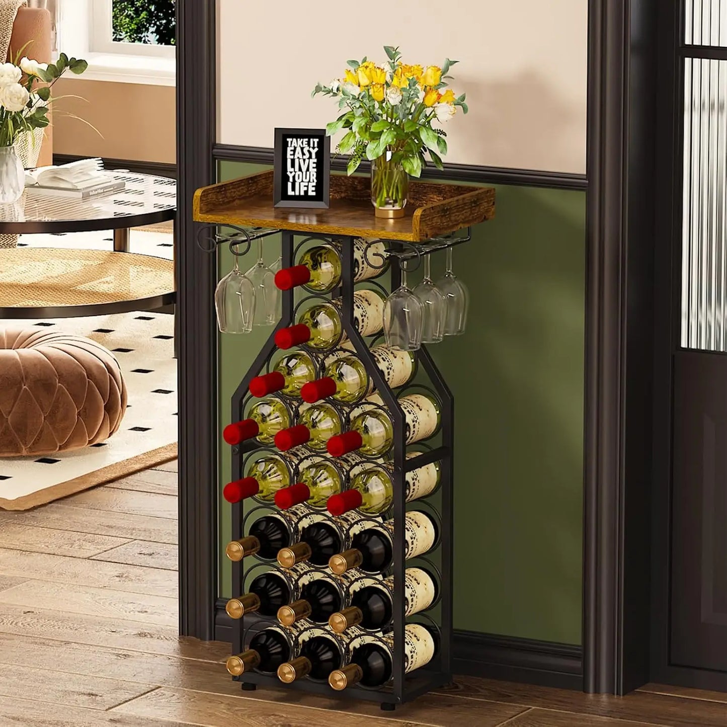 Freestanding Wine Rack with Tabletop and Glass Holder for Home Bar Kitchen Living Room