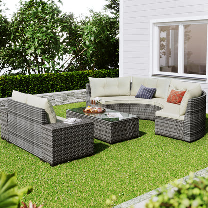 8-pieces Outdoor Wicker Round Sofa Set, With Rectangular Coffee Table