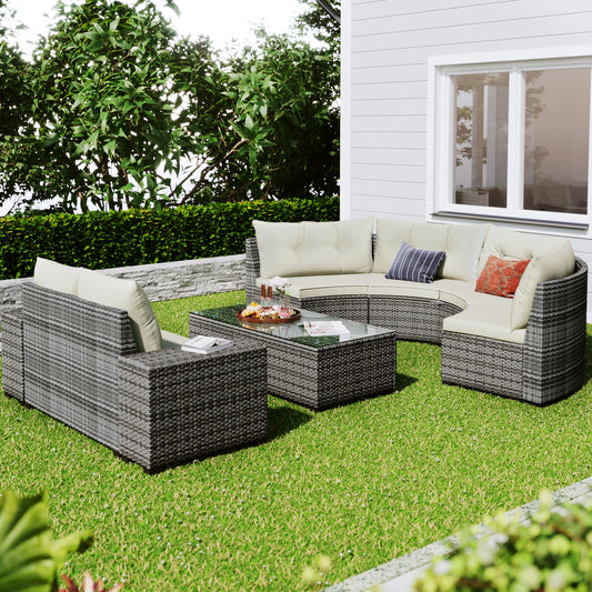 8-pieces Outdoor Wicker Round Sofa Set, With Rectangular Coffee Table