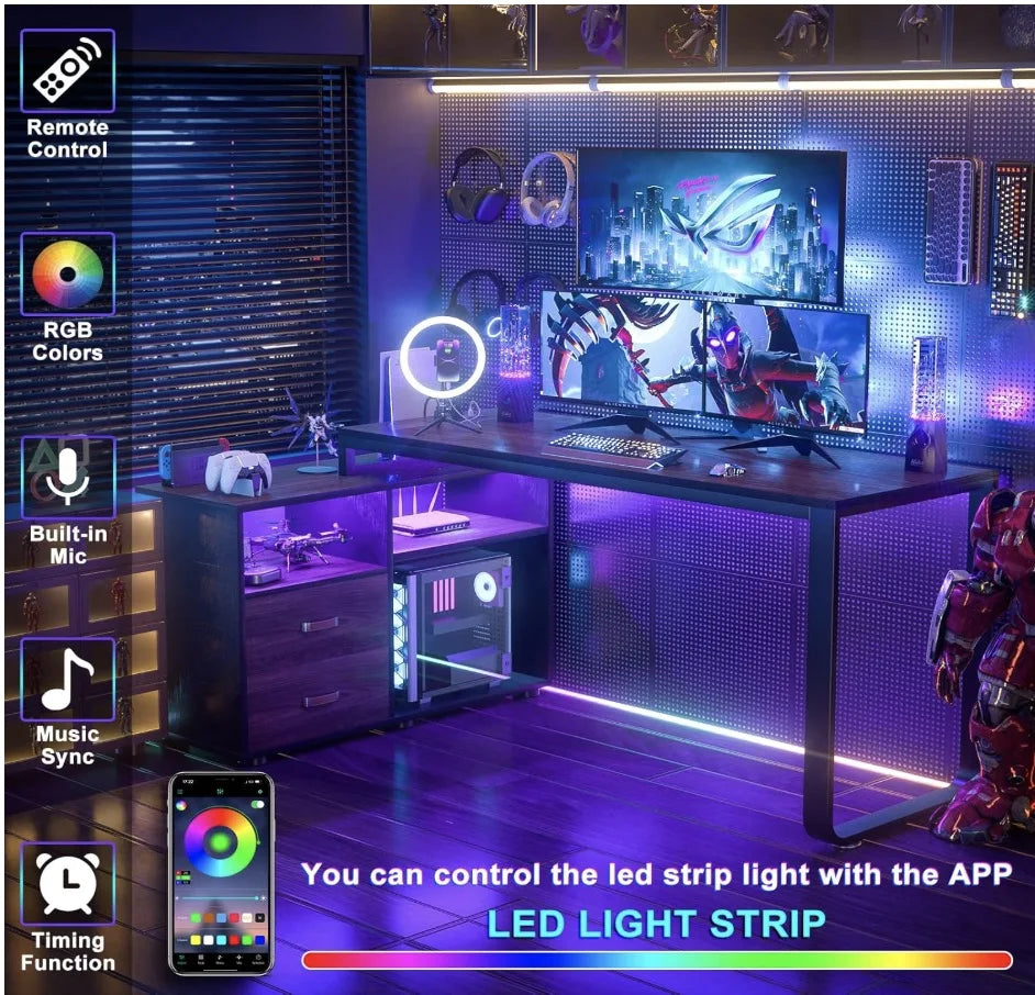 L Shaped Desk with File Cabinet & Power Outlet, Reversible 55 Inch Large Corner