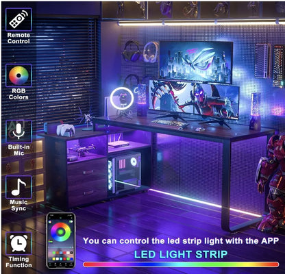 L Shaped Desk with File Cabinet & Power Outlet, Reversible 55 Inch Large Corner