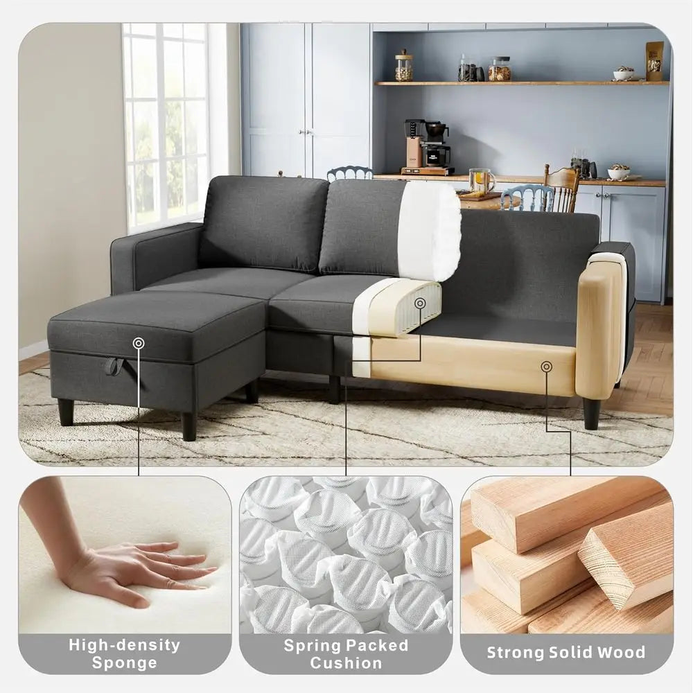 Sectional Sofa Couch 3 Seat L-Shaped Couch with Storage Ottoman