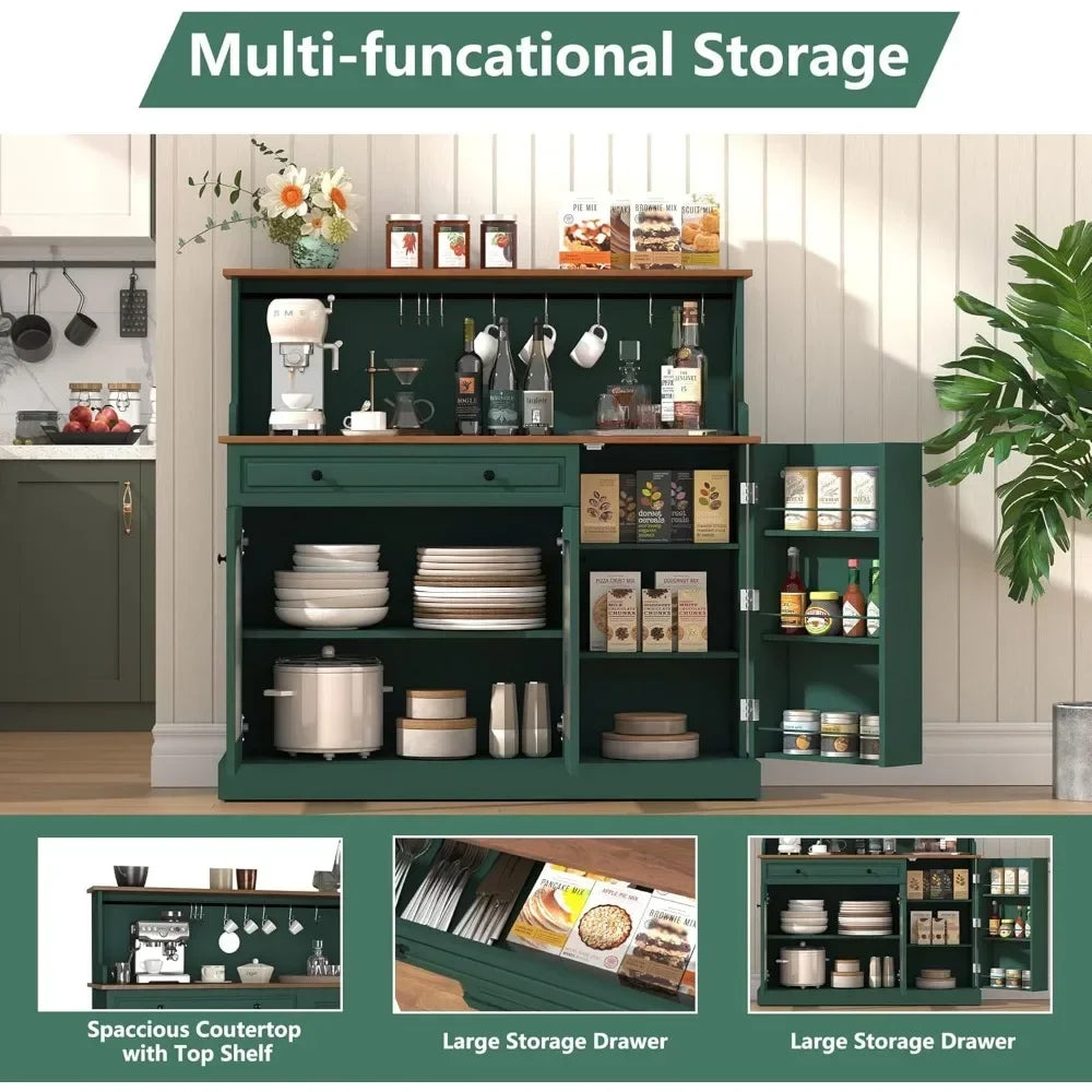 Coffee Bar Cabinet with Glass Doors, Wood Kitchen Pantry Cabinet with Glass Doors, Green Microwave Cabinet Kitchen Cabinets