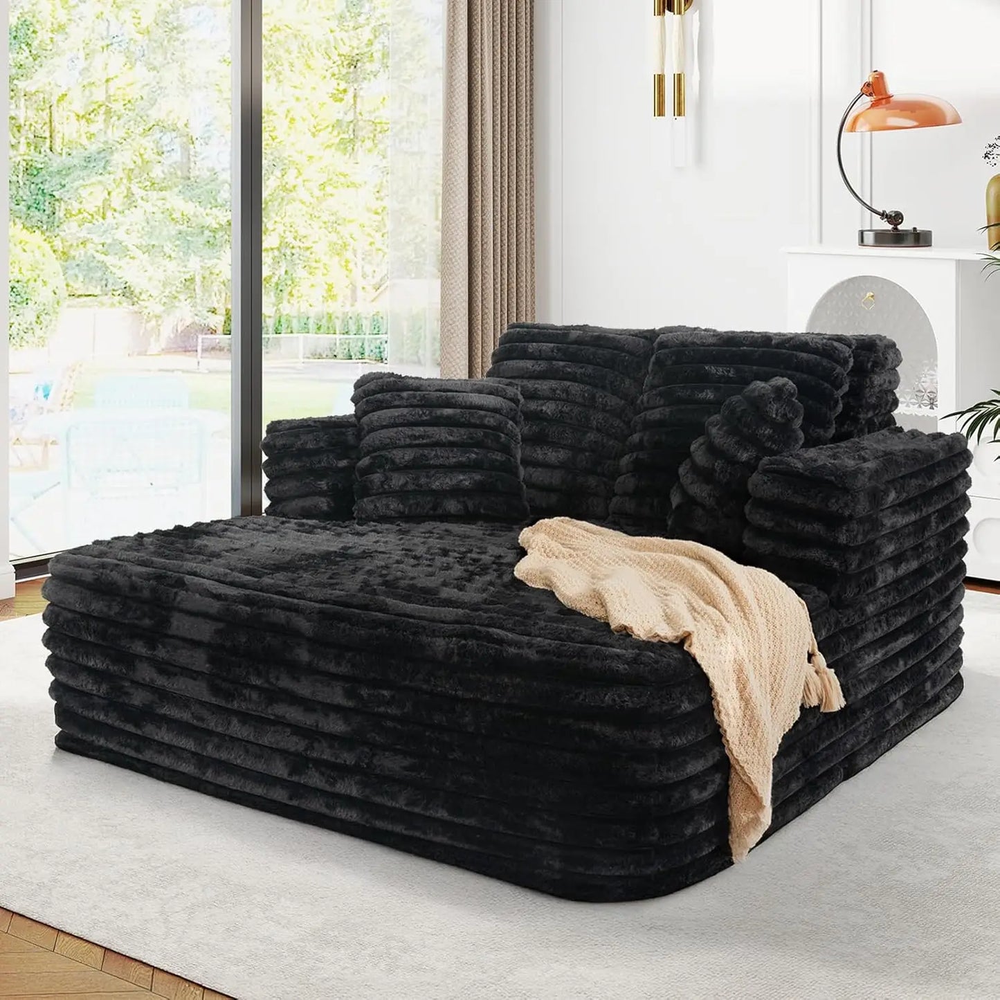 Plush Faux Fur Chaise Lounge Chair Couch Bed with Pillows And Wide Armrest Oversize Indoor Sleeper Sofa Fluffy