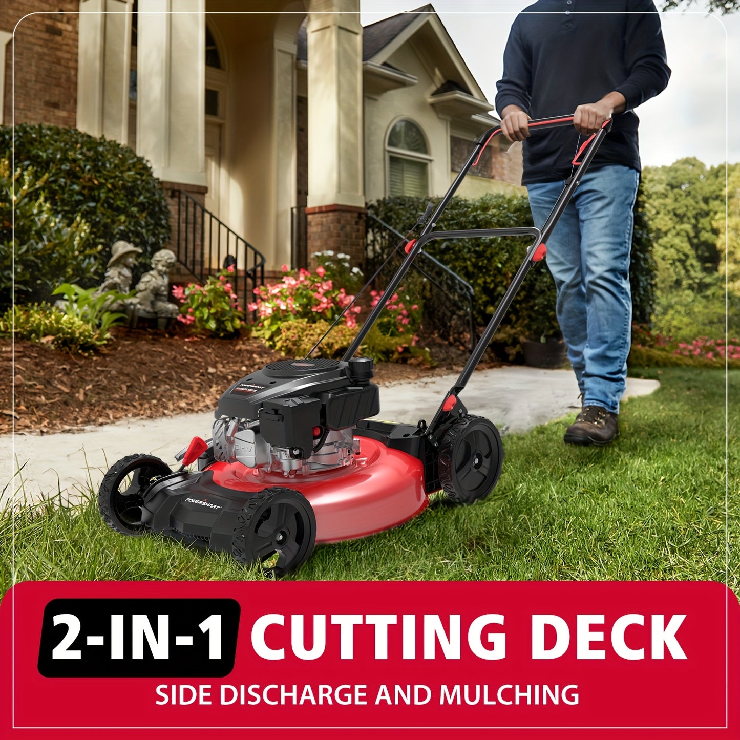 21 In. Gas Lawn Mower, 144cc 2-in-1 Mulching Push Mower With 6-Positions Height Adjustment, High Rear Wheels, Gardening Supplies