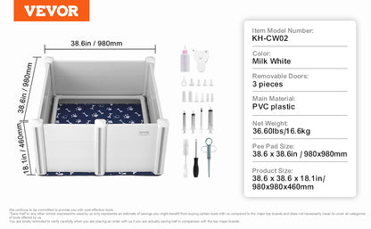Dog Whelping Box 38.6x38.6x18.1in PVC with Rails Pee Pad for Dogs Puppies