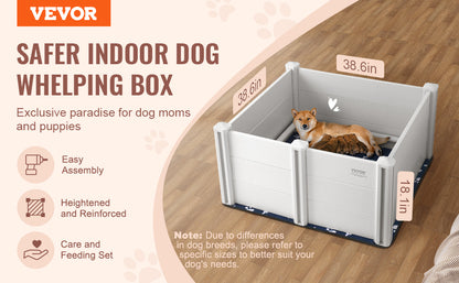 Dog Whelping Box 38.6x38.6x18.1in PVC with Rails Pee Pad for Dogs Puppies